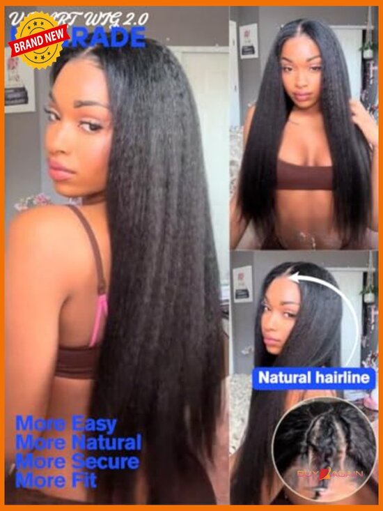 Kinky Straight V Part Wig Human Hair Glueless Drawstring 150  display picture 1